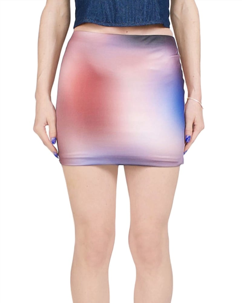 Front of a model wearing a size AUS 14/US 10 Heat Map Mini Skirt In Heat Map in Heat Map by THIRD FORM. | dia_product_style_image_id:354240